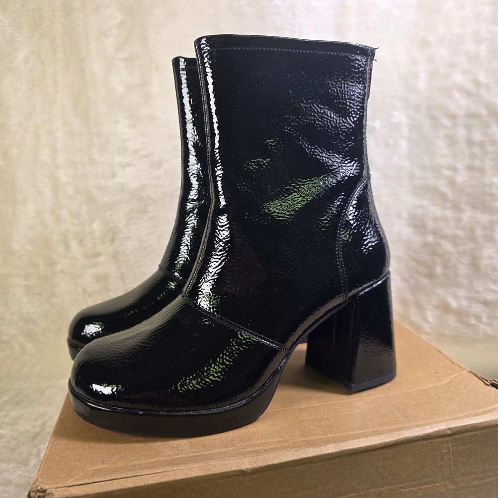 Journee Collection Platform Ankle Boots Black Patent Block Heel Womens 8 NEW - Picture 1 of 7